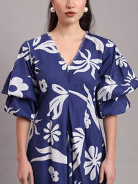 Indigo Celestial Puffed Midi Dress
