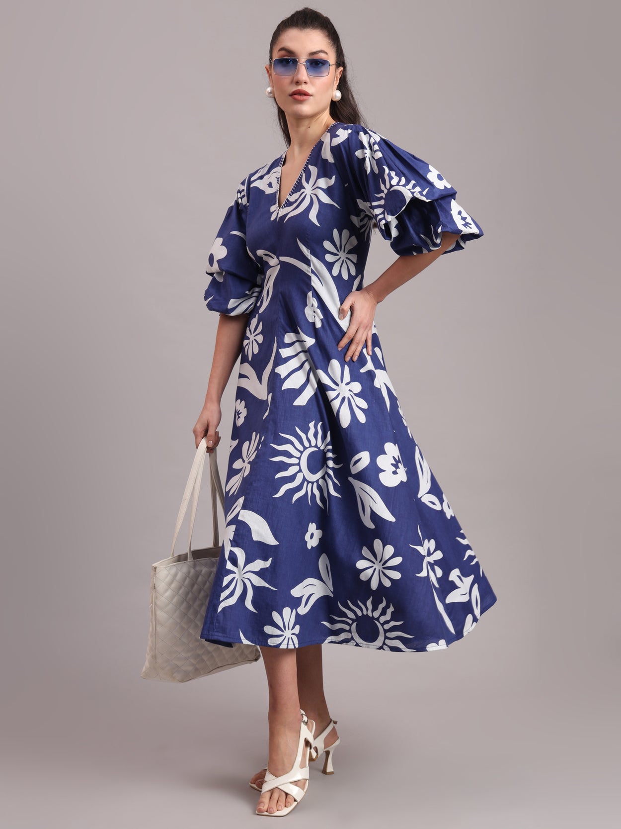 Indigo Celestial Puffed Midi Dress