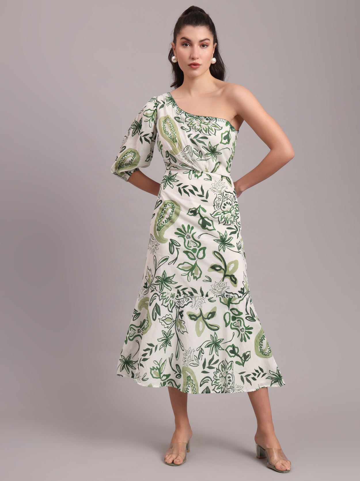 Olive Paisley One Shoulder Dress