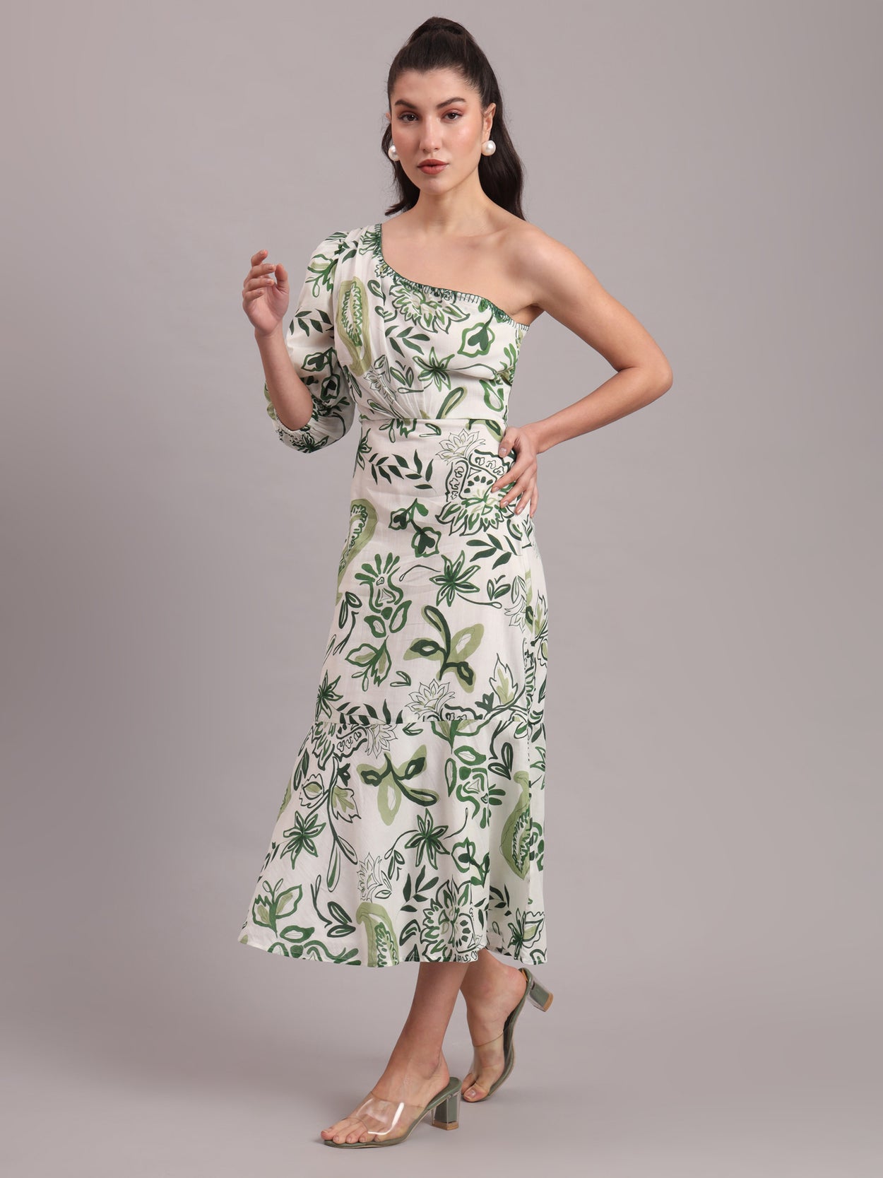Olive Paisley One Shoulder Dress
