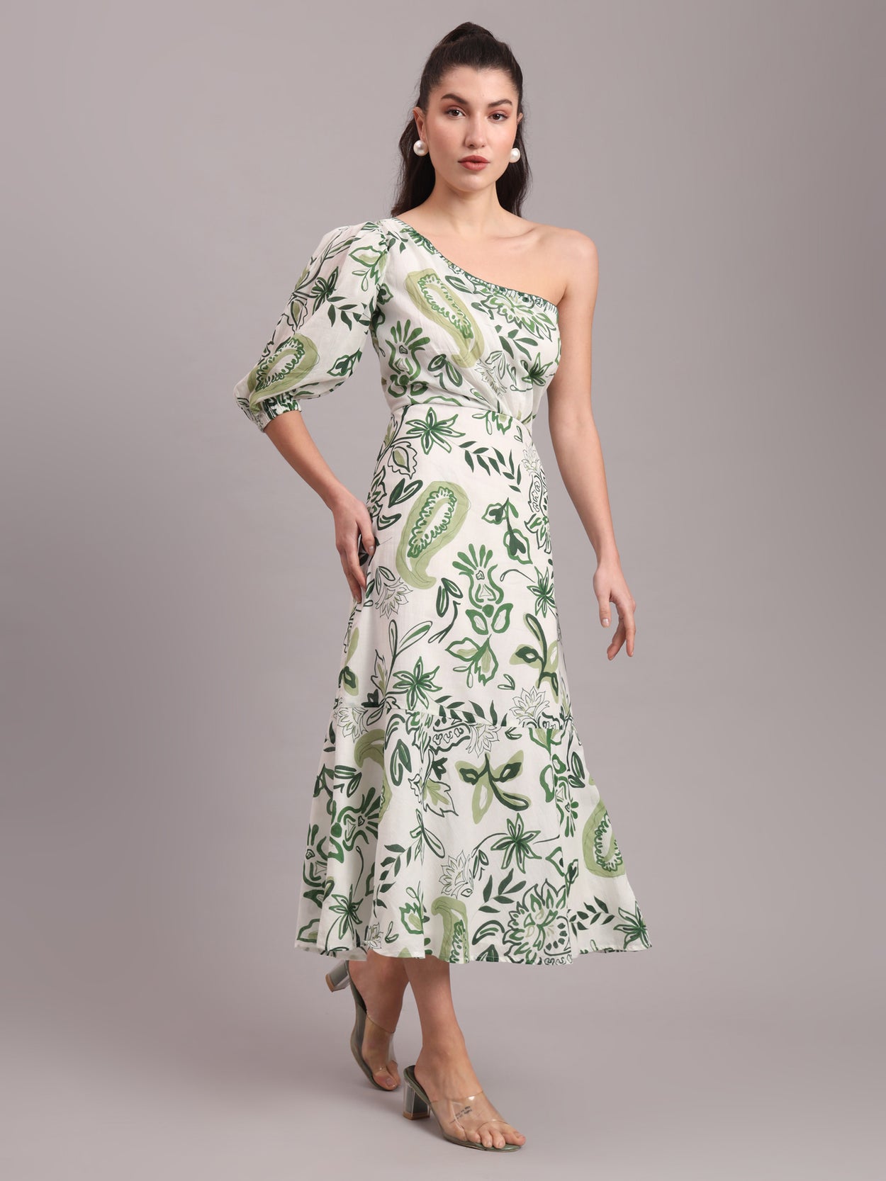 Olive Paisley One Shoulder Dress