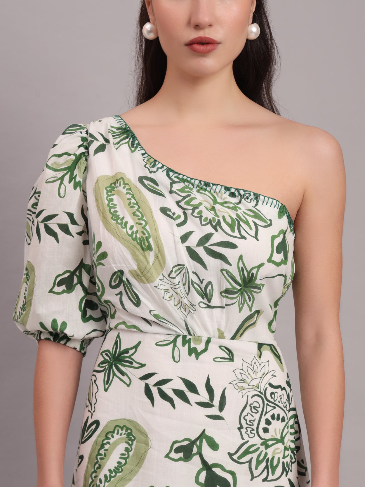 Olive Paisley One Shoulder Dress