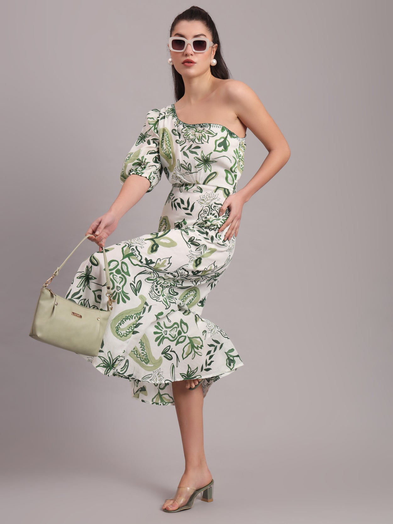 Olive Paisley One Shoulder Dress