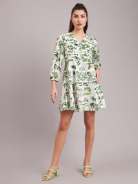 Olive Paisley Pleated Mini Dress