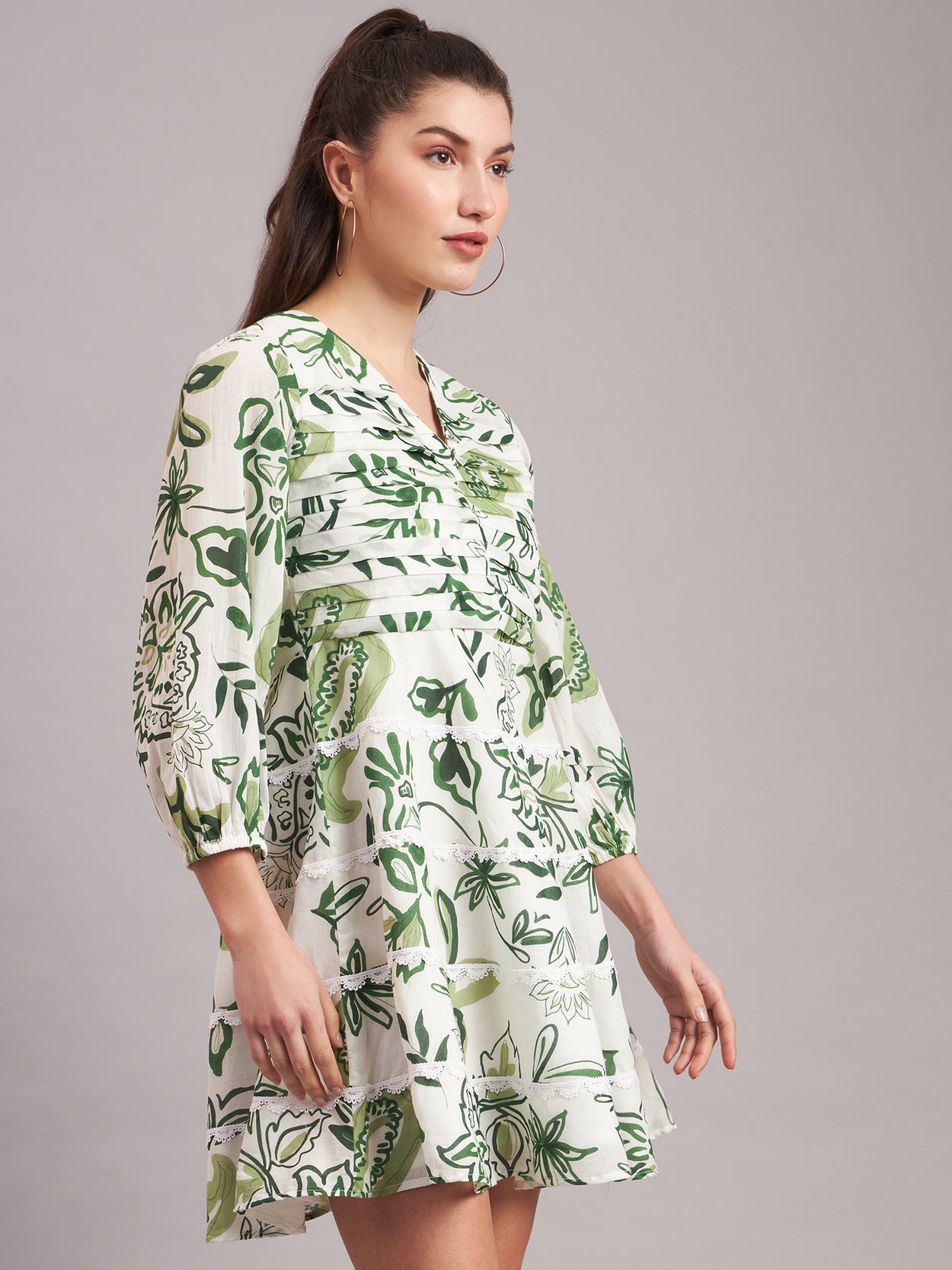 Olive Paisley Pleated Mini Dress