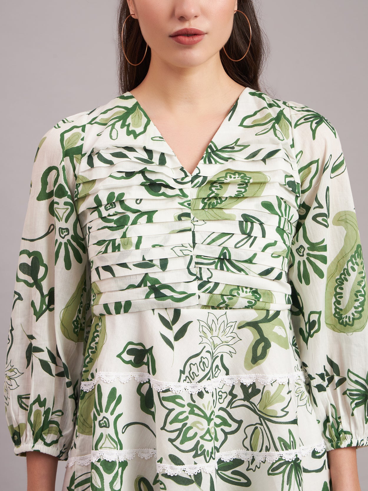 Olive Paisley Pleated Mini Dress