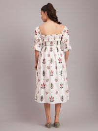 White Camellia Smocked Midi Dress
