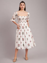 White Camellia Smocked Midi Dress