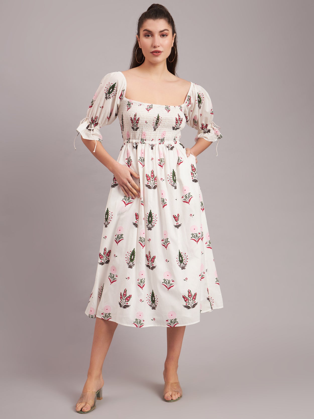 White Camellia Smocked Midi Dress