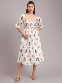 White Camellia Smocked Midi Dress