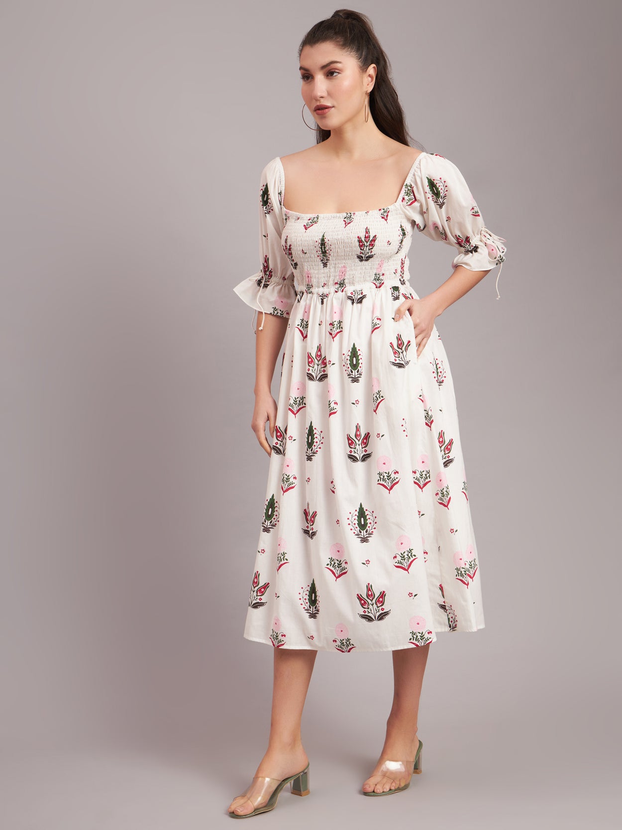 White Camellia Smocked Midi Dress