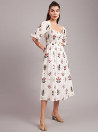White Camellia Smocked Midi Dress