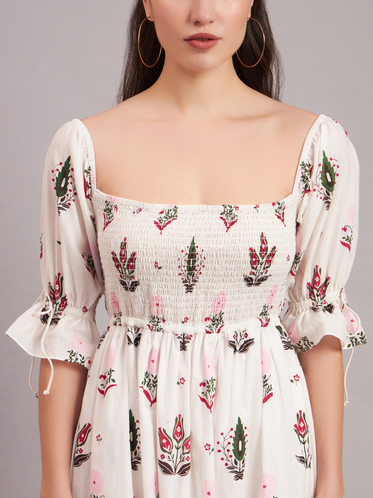 White Camellia Smocked Midi Dress