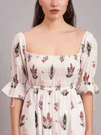 White Camellia Smocked Midi Dress