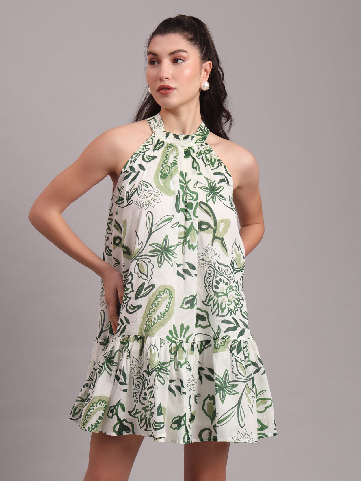 Olive Paisley Halter Mini Dress