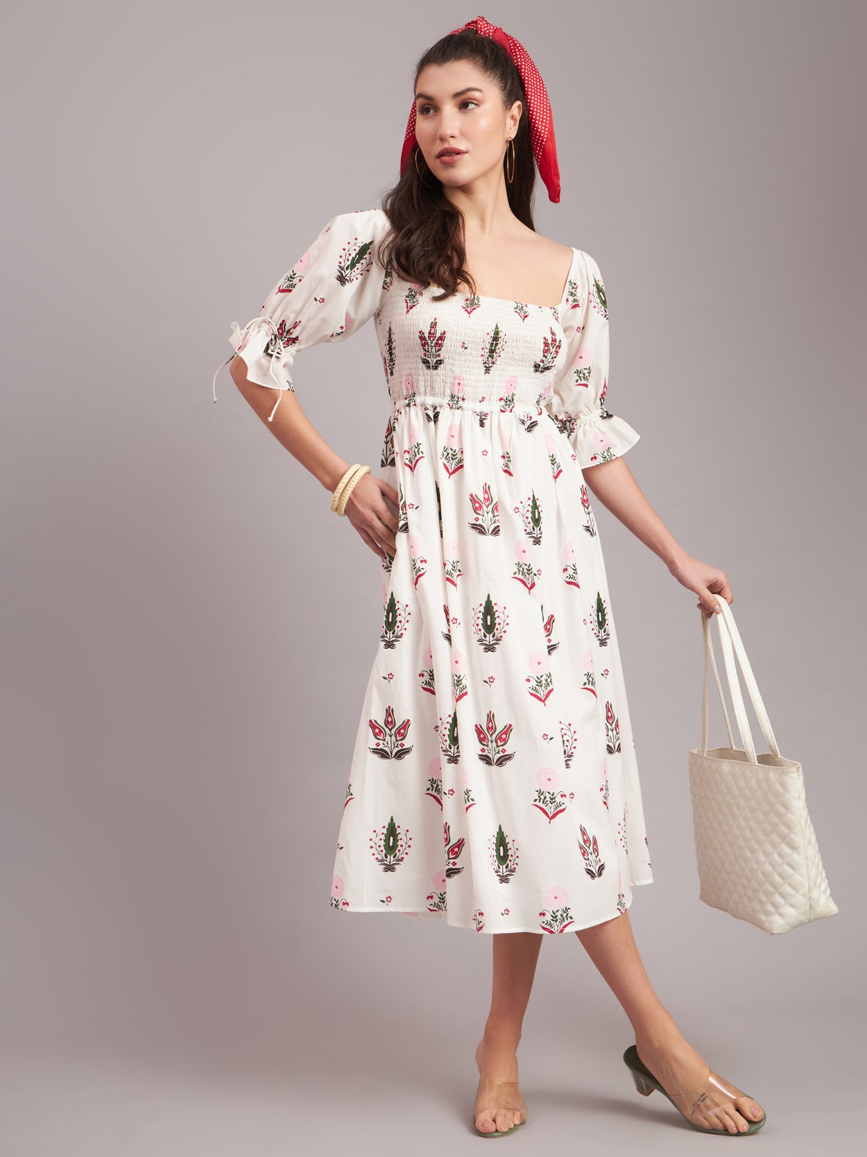 White Camellia Smocked Midi Dress