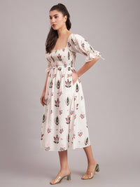 White Camellia Smocked Midi Dress