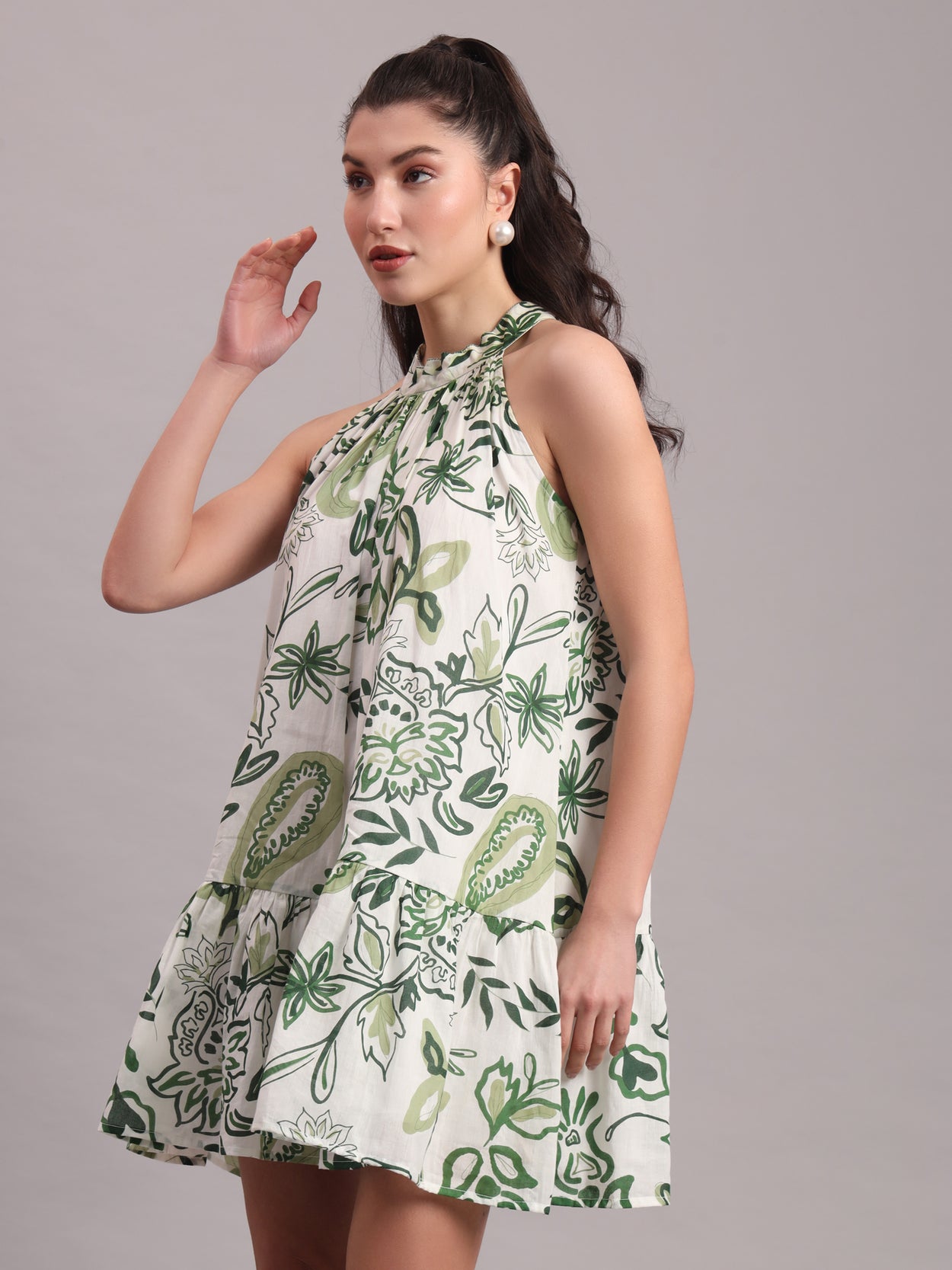 Olive Paisley Halter Mini Dress