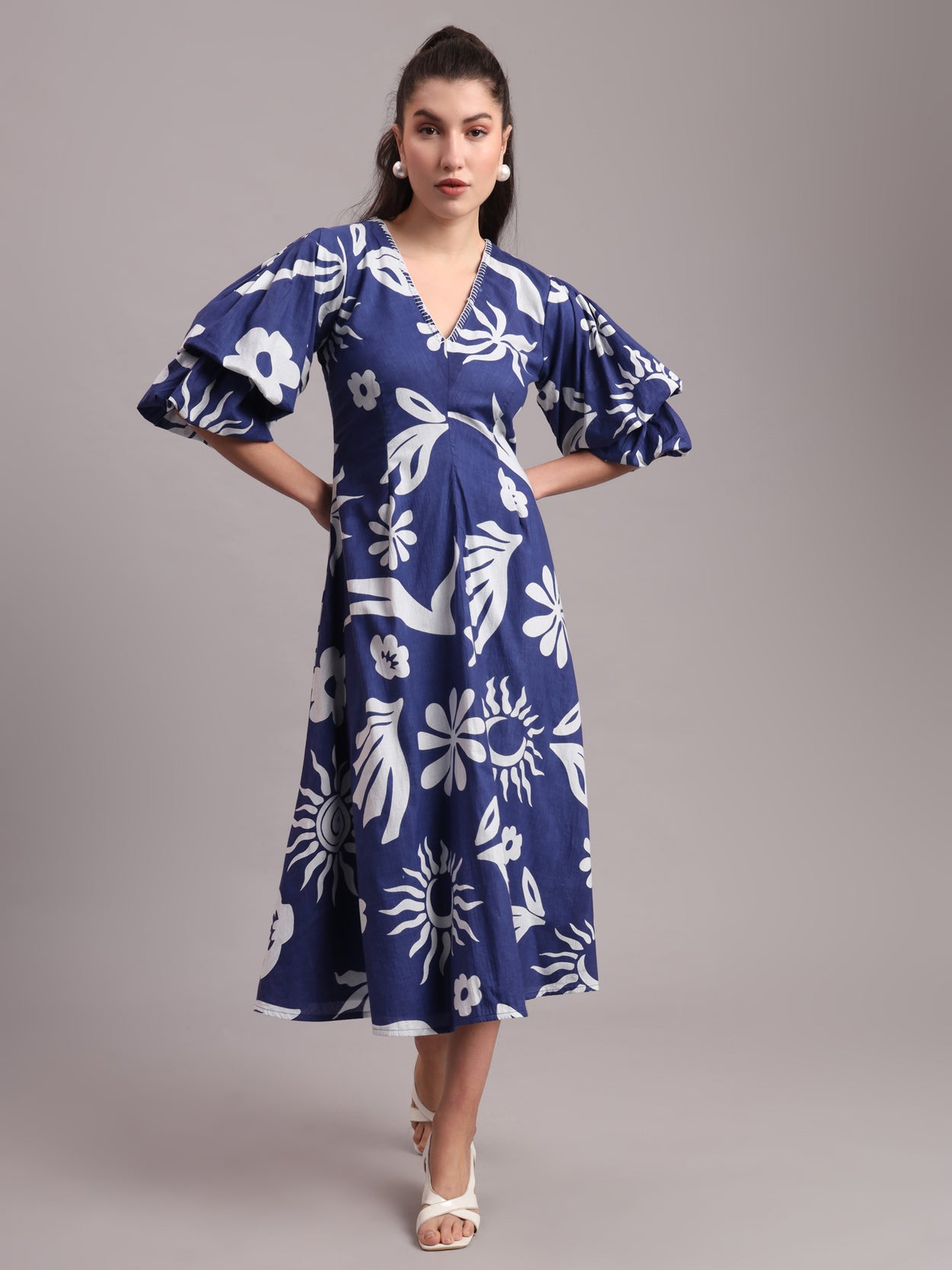Indigo Celestial Puffed Midi Dress