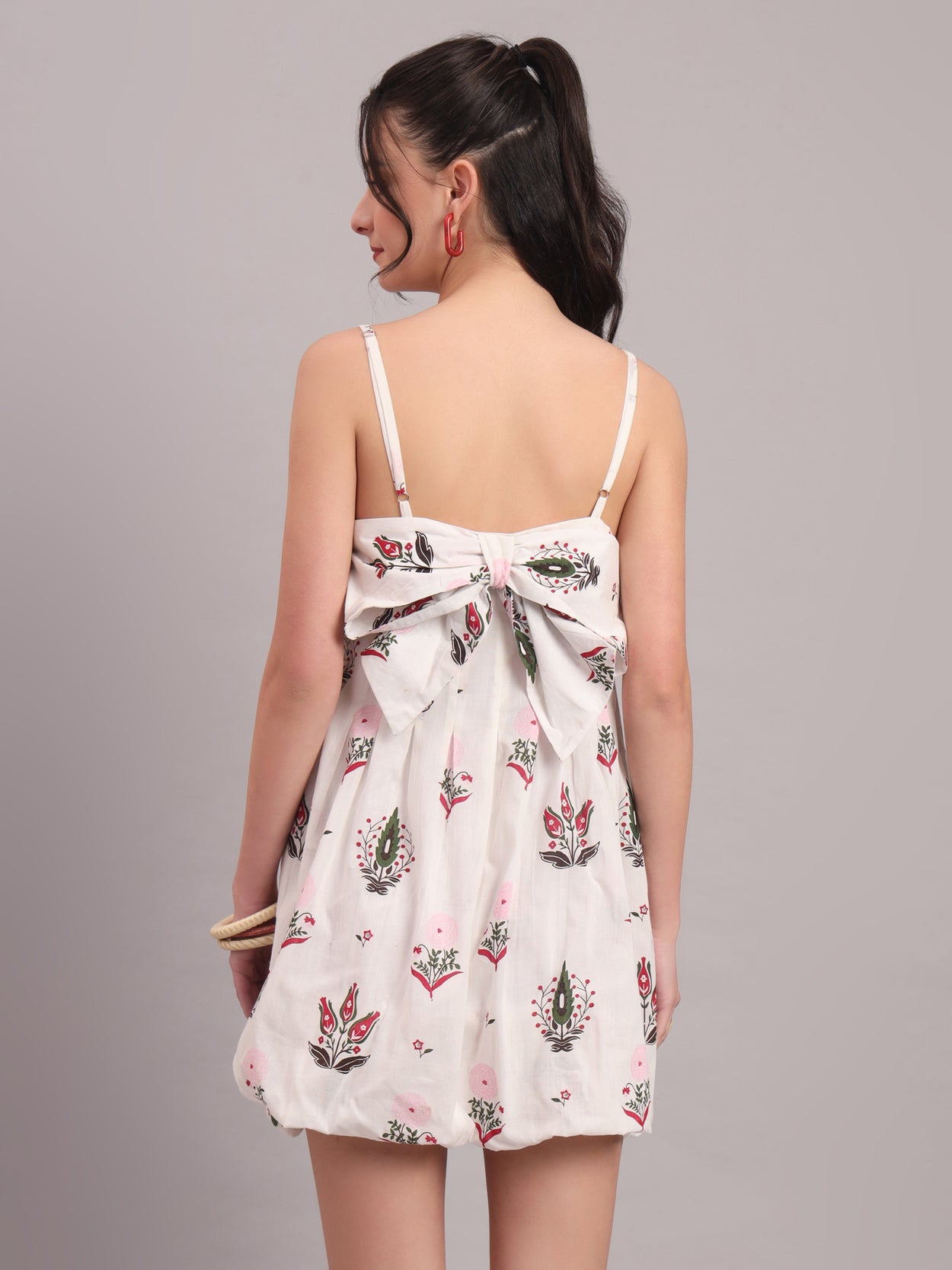 White Camellia Bow Mini Dress