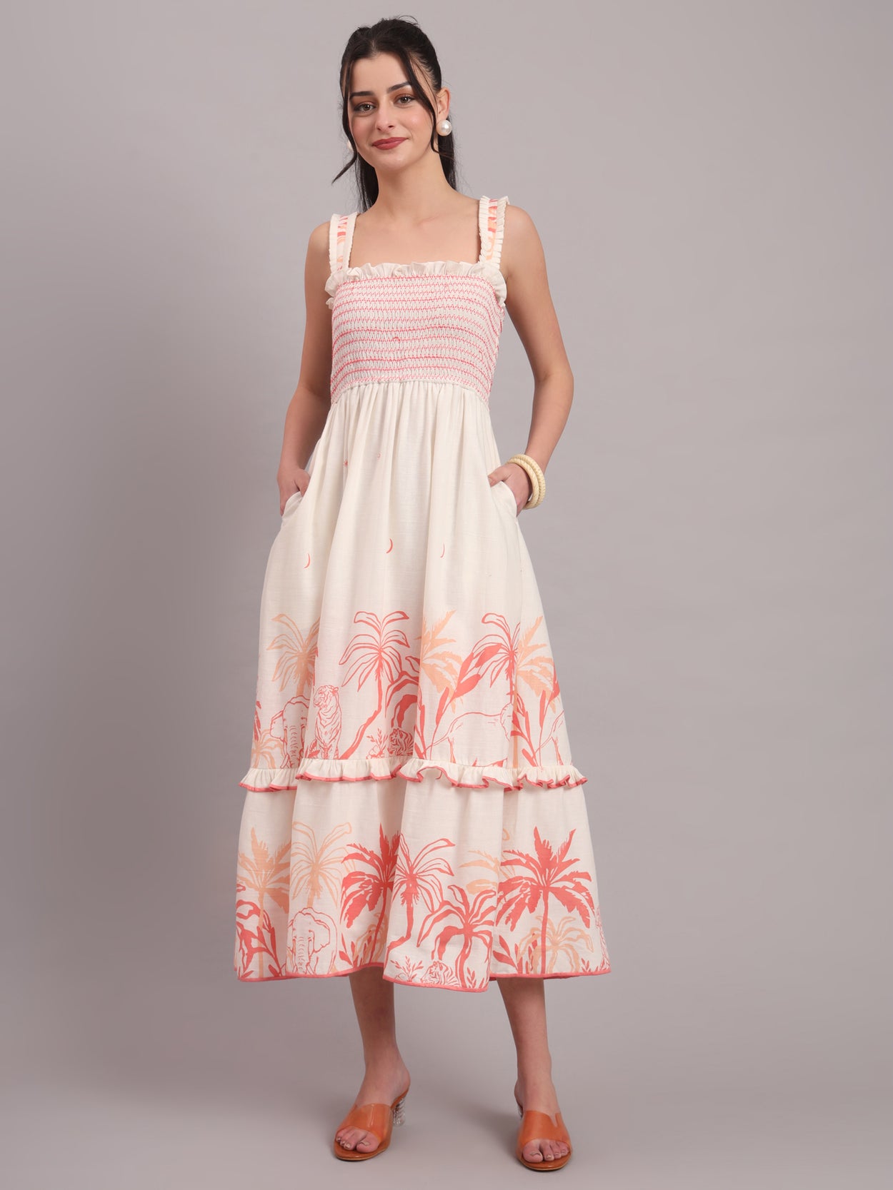 Coral Jungle Tiered Midi Dress