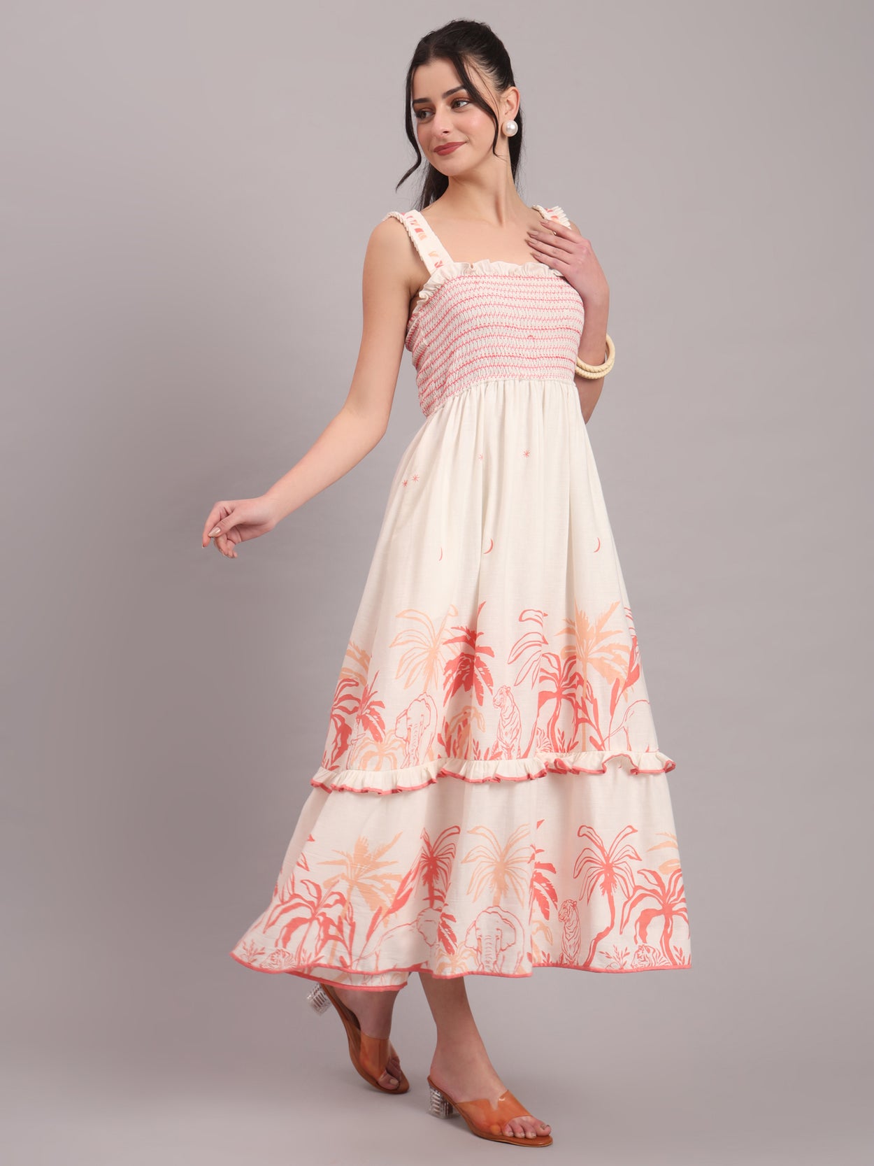 Coral Jungle Tiered Midi Dress